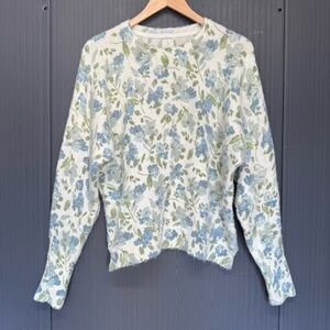 Joie Cream Blue Floral Print Crewneck Pullover Soft Fuzzy Sweater Size Small